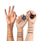 Three hands raised, showcasing the diffrent shades eyebrow pomade
