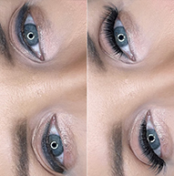 Two close-up images of a woman's eyes showcasing different styles of eyelashes.