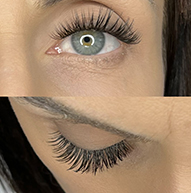 Before and after photos showcasing a woman's eyelashes.