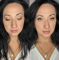 A woman with long hair shows her makeup transformation.