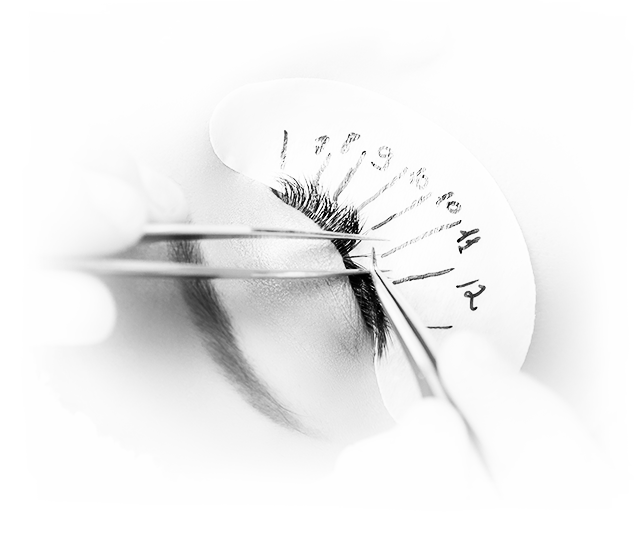 Grey picture of a pair of tweezers removing false lashes with a length scale close